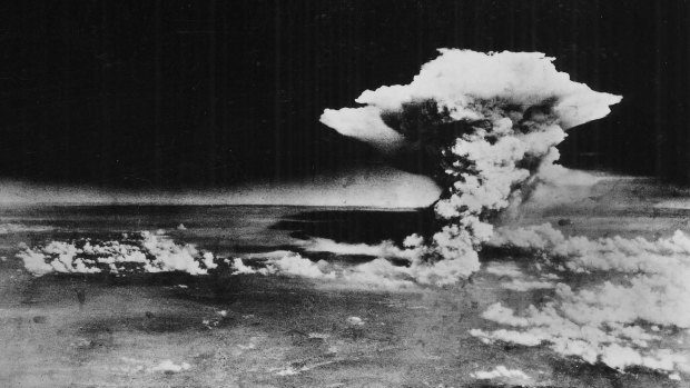 In this handout picture released by the US Army, the plume of smoke from a mushroom cloud  billow, about one hour after the nuclear bomb was detonated above Hiroshima, Japan on August 6, 1945. 