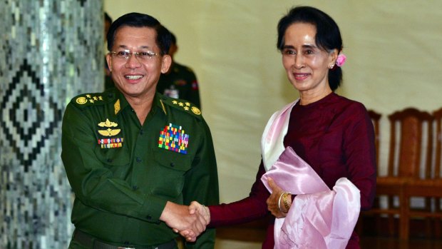Aung San Suu Kyi meets and Myanmar's military commander-in-chief, General Min Aung Hlaing, last week.