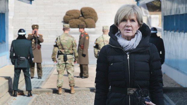 Foreign Minister Julie Bishop speaks to the media during her visit to the border village of Panmunjom in  South Korea in February.