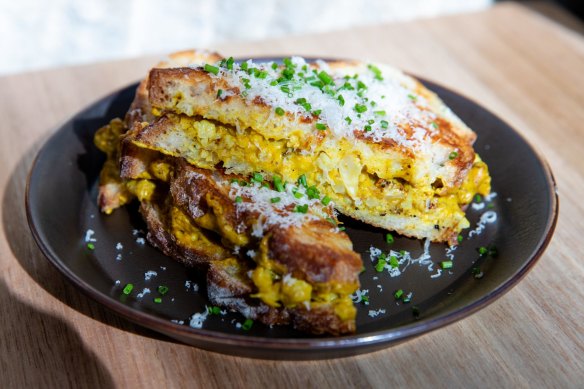 The cumin-roasted cauliflower toastie has a glorious dusting of Grana Padano cheese.