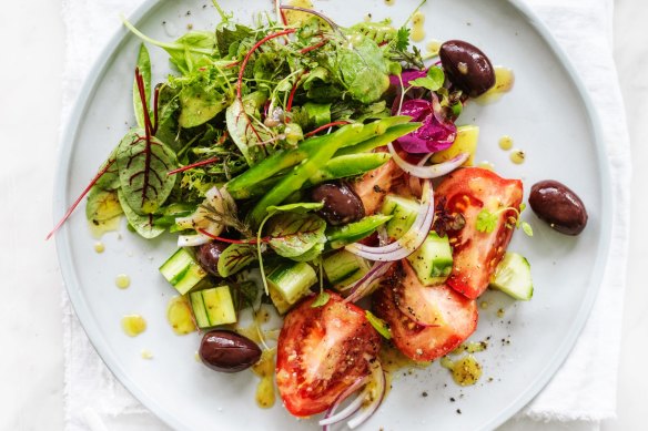 Cheese-free Greek salad.