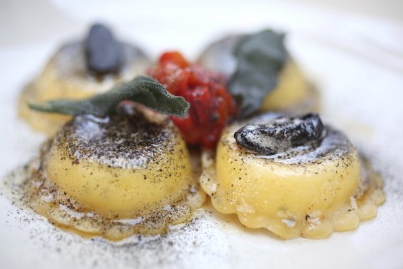 Ravioli with ricotta, burnt leek and black garlic.