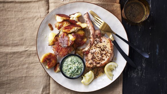 Spiced pork cutlets with crispy potato and horseradish tartare.  