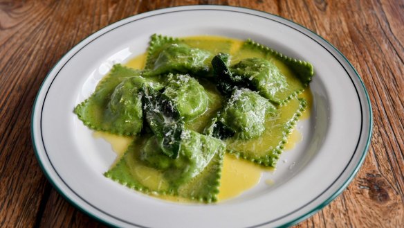 Nettle, buffalo ricotta and pine mushroom ravioli with sage butter at La Cantina at Freshwater Creek. 