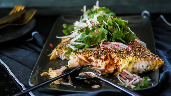 Salmon with coriander and mustard seed crust.