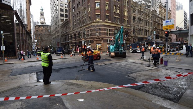 Repairs on York Street on Monday morning after a water main burst on Sunday night.
