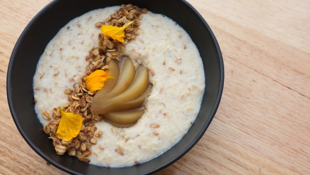 The Five-grain porridge with poached pear, lavender and ginger at Rudimentary.