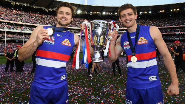 Success story: Joel Hamling (left) with Fletcher Roberts after the Bulldogs' 2016 grand final victory.