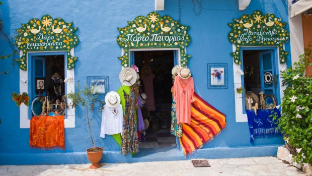 Tourist shop in the village of Fiskardo on the Greek Mediterranean island of Kefalonia.