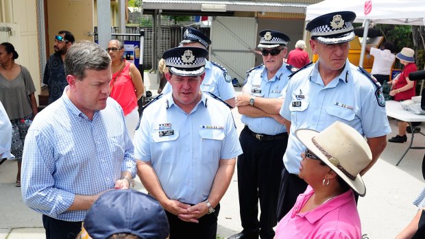 Acting Queensland Premier Tim Nicholls and senior police speak to Cairns community advocate Yodie Batzke.