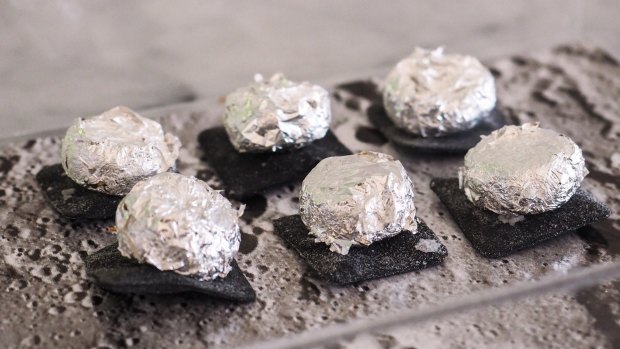 Mumm's 'Space parcels' (duck and almond parfait wrapped in silver leaf).