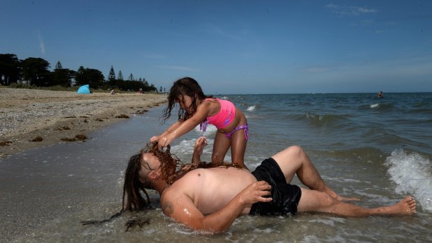 Hidden secret: Whakataka  and daughter Zahlia, 4, from Melton, have discovered Werribee South beach.