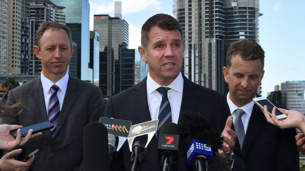 Program Director of Sydney Metro Rodd Staples (left) with NSW Premier Mike Baird (centre) and NSW Minister Transport and Infrastructure Andrew Constance (right) after making a Sydney Metro announcement.