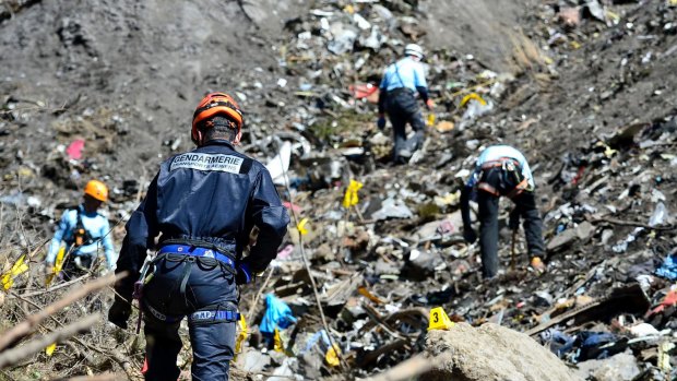French emergency rescue services work at the site of the crash in March.