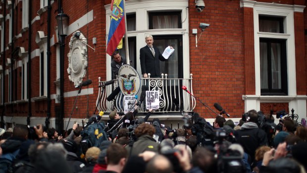 WikiLeaks founder Julian Assange speaks from the balcony of the Ecuadorian embassy last month.