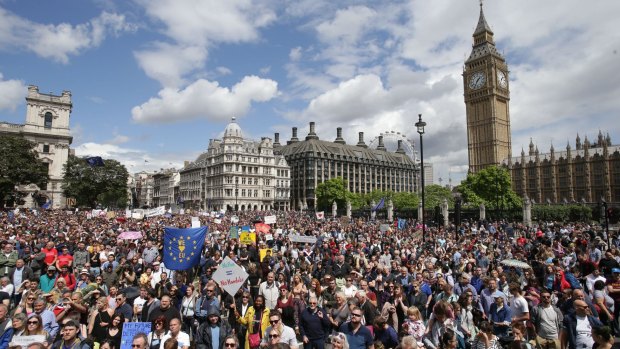"Remain" supporters protest in London after the result of the referendum. 