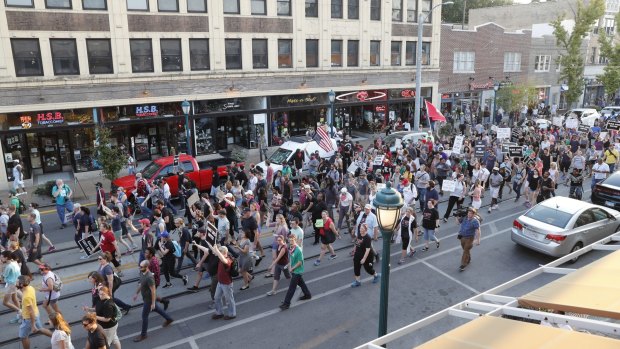 Protesters gathered peacefully on a street in St. Louis before the demonstrations turned violent.