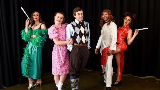 Phoebe Coupe, Grace O'Donnell Clancy, Ben Adams, Ed Deganos and Samantha Bruzzese star in Reefer Madness: The Musical.
