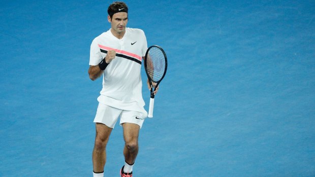 Roger Federer of Switzerland in action during his men's final match against Marin Cilic of Croatia at the Australian Open Grand Slam tennis tournament in Melbourne, Australia, 28 January 2018.(AAP Image/Narendra Shrestha) NO ARCHIVING, EDITORIAL USE ONLY