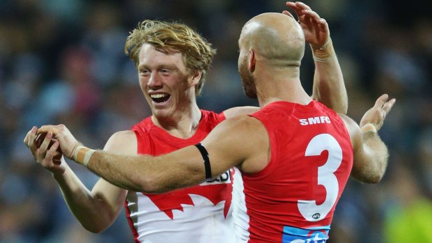 Happy days: Callum Mills celebrates a goal with Jarrad McVeigh during the match against Geelong.
