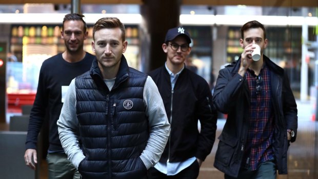 Australian cricketers Trent Copeland, Peter Nevill, Nic Maddinson and Kurtis Patterson (L-R), arrive at the ACA meeting.