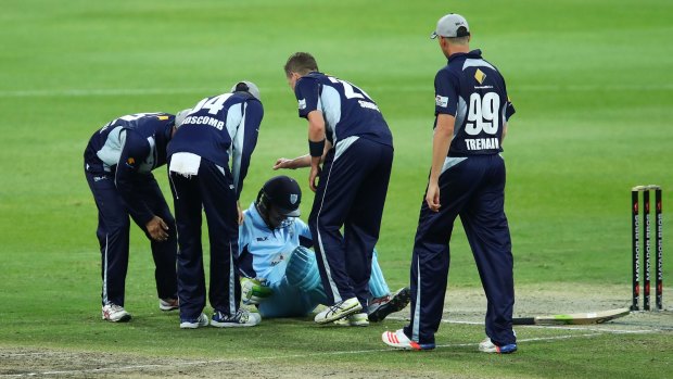 Rattled: Victoria's Peter Siddle checks if Daniel Hughes is alright after he was struck on the helmet by a short delivery.