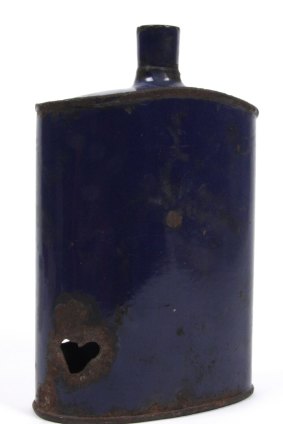 A blue enamelled flask from World War I in the Patrick Walters collection.