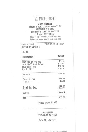 Receipt for lunch with Ronny Chieng (with Kylie Northover), at Aunty Franklee.