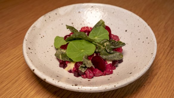 Pademelon tartare with, raspberry, beetroot and smoked oyster.