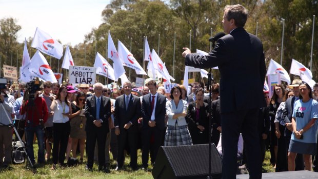 Opposition Leader Bill Shorten addresses the rally against ABC cuts outside Parliament House.
