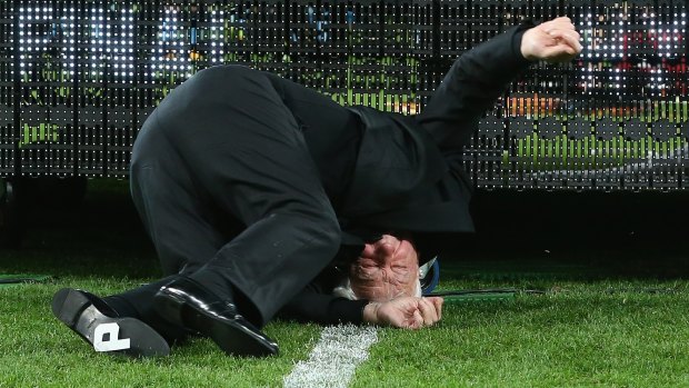 Frank Lowy's fall from the podium during the A-League grand final presentation.