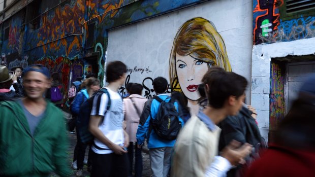 The Taylor Swift mural by Melbourne graffiti artist Lushsux in Hosier Lane.