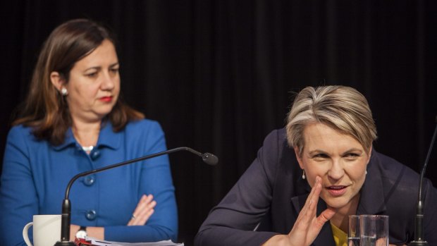Guess what ... we're back in the game. Labor's federal deputy opposition leader Tanya Plibersek gives the word with Queensland opposition leader Annastacia Palaszczuk.