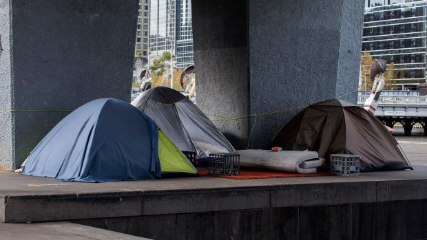 A homeless camp at Enterprize Park in Melbourne.