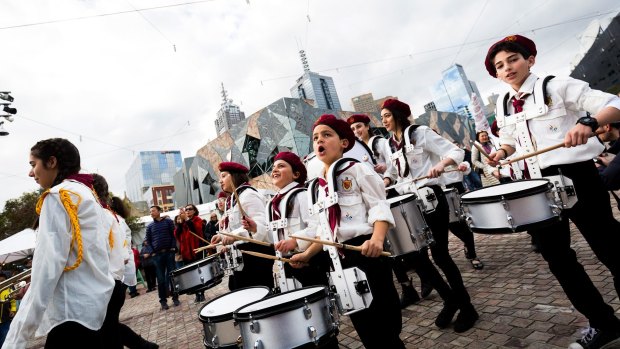 Here we are, Melbourne: The Australian Syrian Youth Marching Band make their public debut at Federation Square.