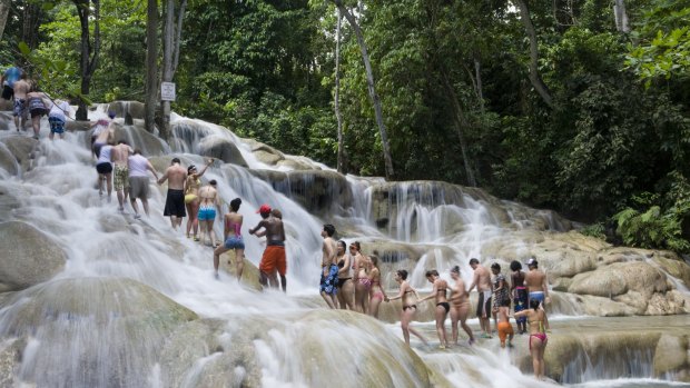 Escorted groups climb the Dunn's River Falls in Jamaica. 