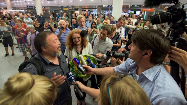 Ai Weiwei at Munich Airport on Thursday, his first trip abroad since Chinese authorities put him under house arrest and confiscated his passport in 2011. 