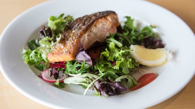 Salmon salad from the staff cafeteria, run by former rugby star George Gregan.