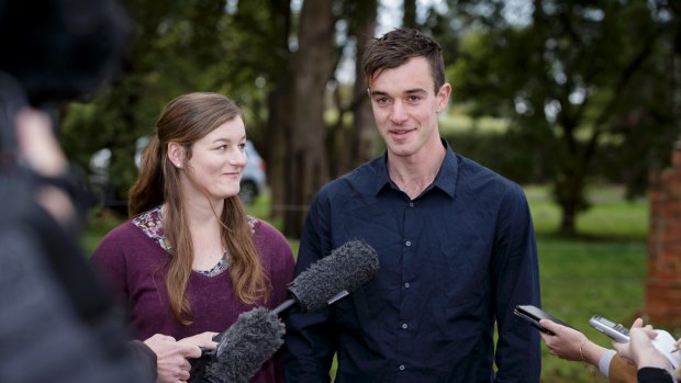 Mitchell and Ella Tromp talk to media in Silvan.