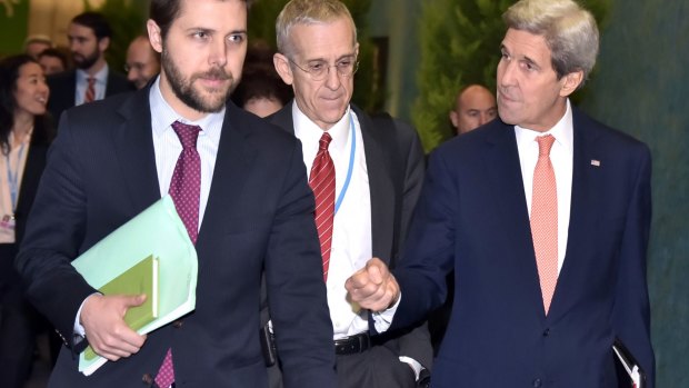 US Secretary of State John Kerry (right), with White House senior adviser Brian Deese (left) and US special envoy for climate change Todd Stern.