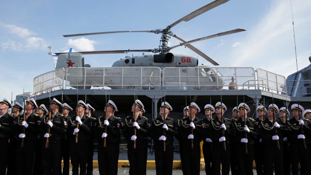 Members of the Russian Navy stand in formation after the visit of Philippine President Rodrigo Duterte at the Russian anti-submarine Navy vessel in Manila.