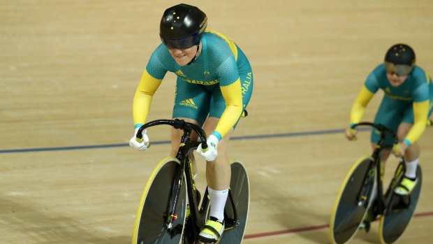 Team captain Anna Meares competes in the team sprint in Rio