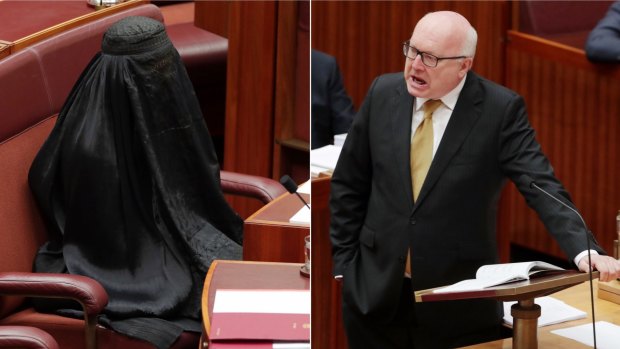 George Brandis put a stop to Pauline Hanson's burqa stunt.