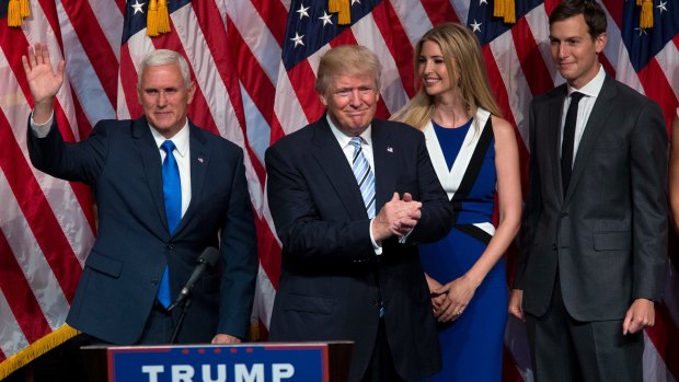 Presidential-elect Donald Trump, with Mike Pence and Ivanka Trump and her husband Jared Kushner.