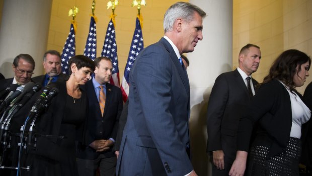 House Majority Leader Kevin McCarthy of California leaves a news conference on Capitol Hill after dropping out of the race to replace House Speaker John Boehner and throwing Congress' Republican leadership into chaos. 