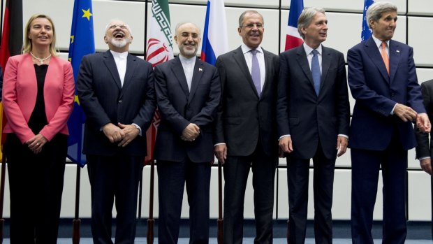Philip Hammond, second from right, with (from left) European Union High Representative Federica Mogherini, Iranian Foreign Minister Mohammad Javad Zarif, Iranian nuclear chief Ali Akbar Salehi, Russian Foreign Minister Sergei Lavrov and US Secretary of State John Kerry in Vienna on Tuesday.