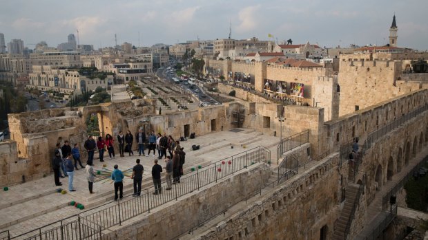 A group of Israelis on the walls of Tower of David compound in Jerusalem.