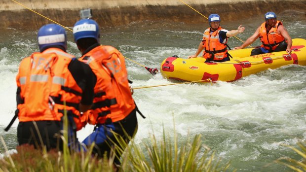 NSW SES volunteers do floodwater rescue training at Penrith Whitewater Centre on December 13, 2015.
