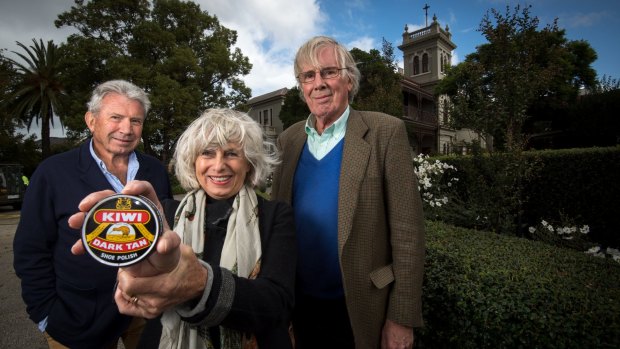 Annie Folk and her brothers Dougal Ramsay (left) and Fergus Ramsay, grandchildren of William Ramsay, who founded Kiwi shoe polish with Hamilton McKellan in 1906. Pictured outside Clydebank, the former Ramsay mansion in Essendon.