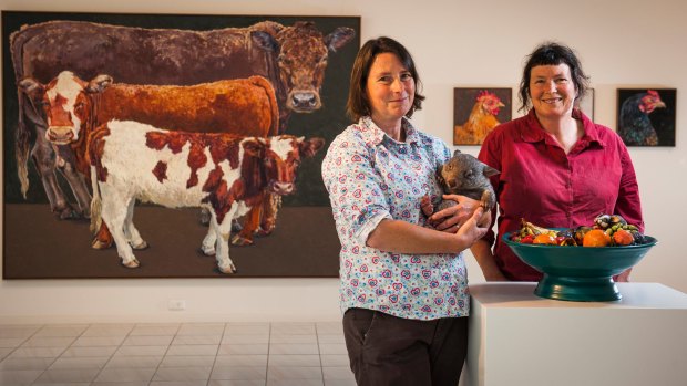 Artists Anna and Lucy Culliton in their exhibition Our Animals at Beaver Galleries. Photo Elesa Kurtz